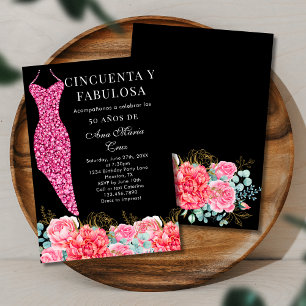 Fifty & Fabulous Glam Black Spanish 50th Birthday Invitation