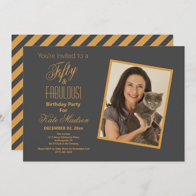 Fifty & FABULOUS Gold & Pewter 50th Birthday Party Invitation (Front/Back)