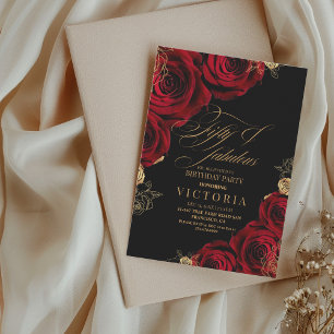 Fifty & Fabulous Gold Red Rose 50th Birthday Invitation