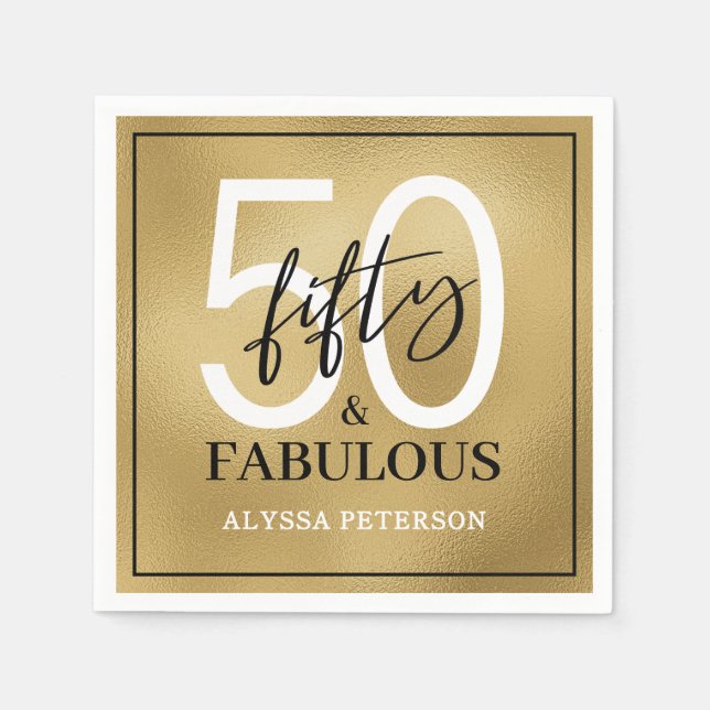 Fifty & Fabulous Gold Script 50th Birthday Napkin (Front)