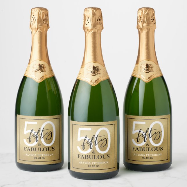 Fifty & Fabulous Gold Script 50th Birthday Sparkling Wine Label (Bottles)