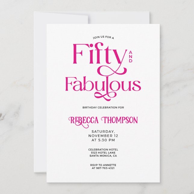 Fifty Fabulous Hot Pink Script 50th Birthday Invitation (Front)