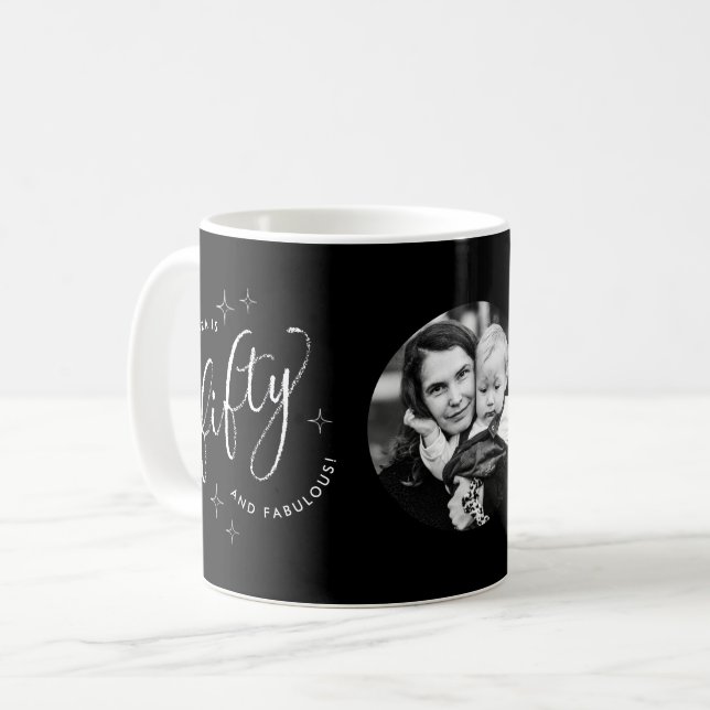 Fifty Fabulous Modern Black 50th Birthday Photo Coffee Mug (Front Left)