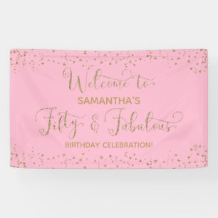 Fifty & Fabulous Party Welcome Gold and Pink 2 Banner