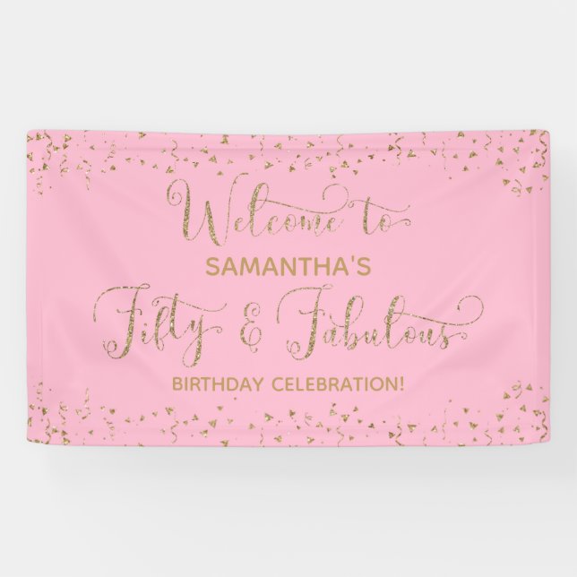 Fifty & Fabulous Party Welcome Gold and Pink 2 Banner (Horizontal)