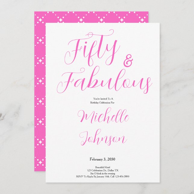 Fifty & Fabulous Pink Black 50th Birthday Party Invitation (Front/Back)