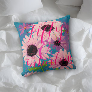 Fifty & Fabulous Pink Daisy on Blue Happy Birthday Cushion