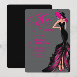 Fifty Fabulous Pink Dress Grey 50th Birthday Invitation
