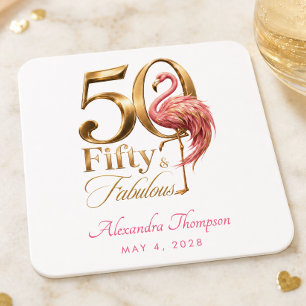 Fifty & Fabulous Pink Flamingo 50th Birthday Party Square Paper Coaster