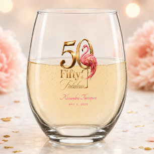 Fifty & Fabulous Pink Flamingo 50th Birthday Party Stemless Wine Glass
