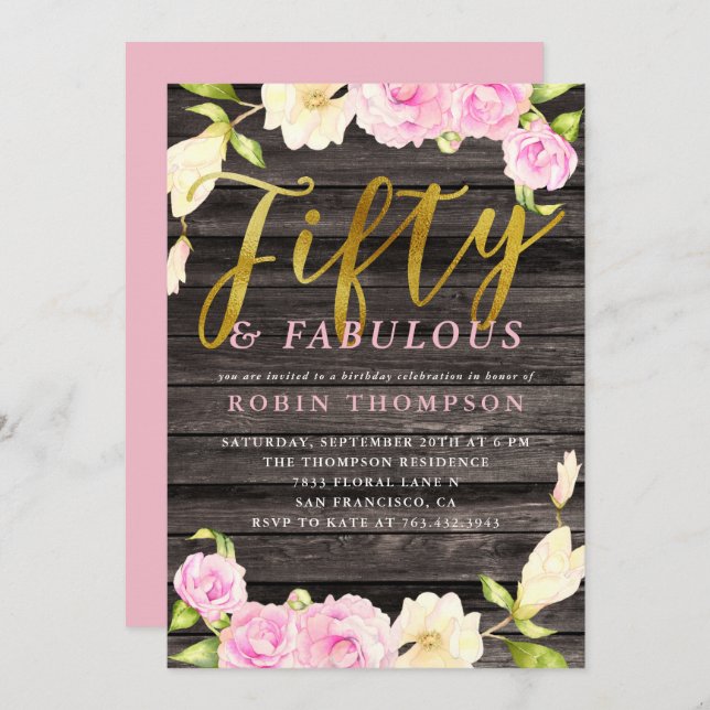 Fifty & Fabulous Pink Floral Birthday Party Invitation (Front/Back)