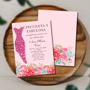 Fifty & Fabulous Pink Floral Spanish 50th Birthday Invitation