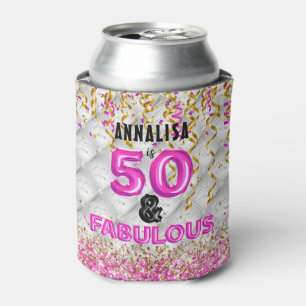 Fifty Fabulous Pink Gold 50th Birthday Can Cooler