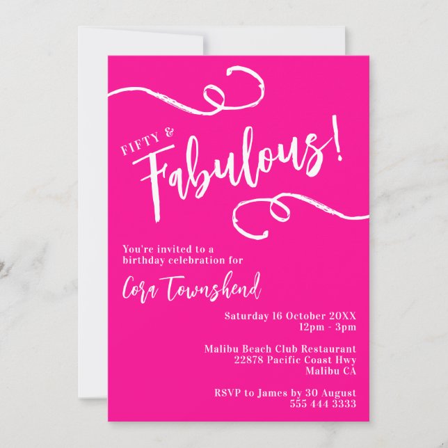Fifty & Fabulous Pink Script 50th Birthday Party Invitation (Front)