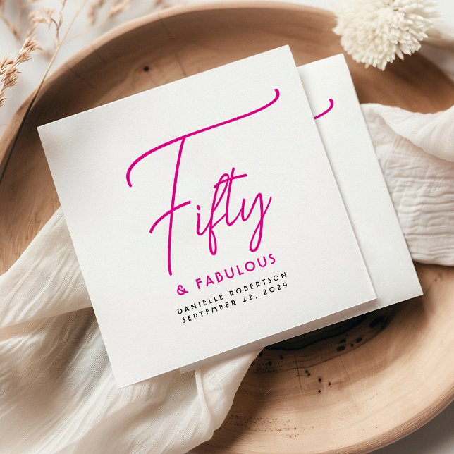 Fifty & Fabulous Pink Script Name Date Birthday Napkin (Creator Uploaded)