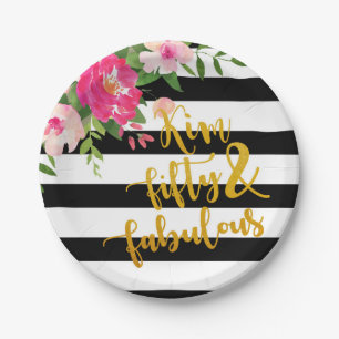 Fifty & Fabulous Plate - Floral w/Blk & White - C