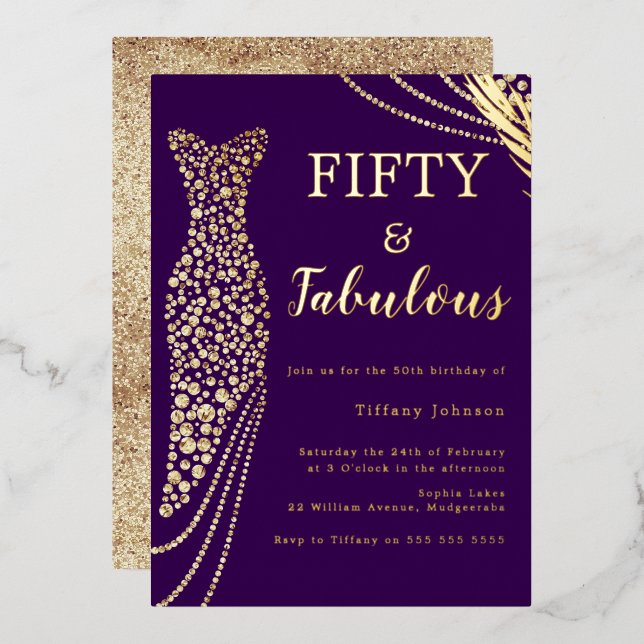 Fifty & Fabulous Purple & Gold Dress 50th Birthday (Front/Back)