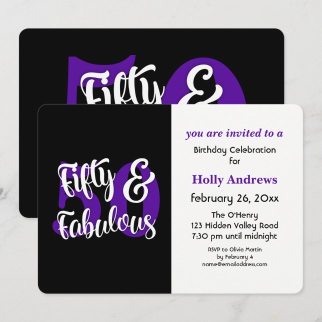 Fifty & Fabulous Purple Typography Birthday Party Invitation (Front/Back)