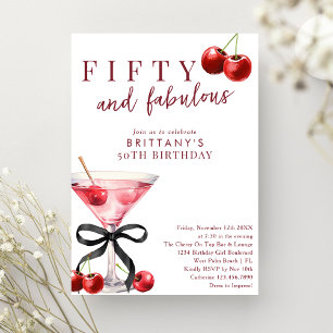 Fifty & Fabulous Red Cherry Martini 50th Birthday Invitation