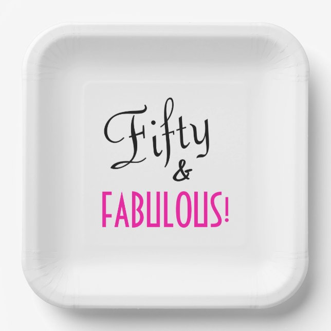 Fifty & FABULOUS! Retro Hot Pink Birthday Party Paper Plate (Front)