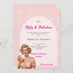fifty & fabulous retro pink birthday invitation