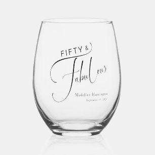 Fifty & Fabulous Script Name Date 50th Birthday Stemless Wine Glass