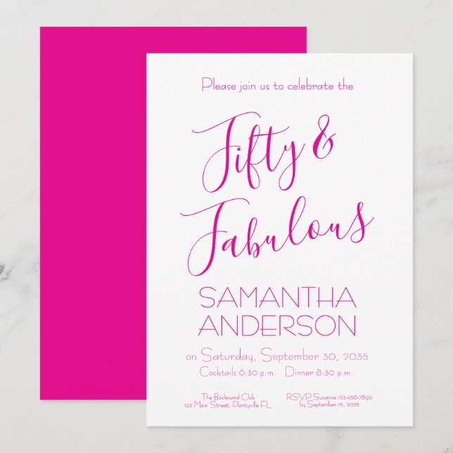 Fifty Fabulous Script Pink 50th Birthday Party  Invitation (Front/Back)