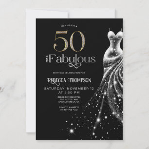 Fifty Fabulous Silver Dress Black 50th Birthday Invitation