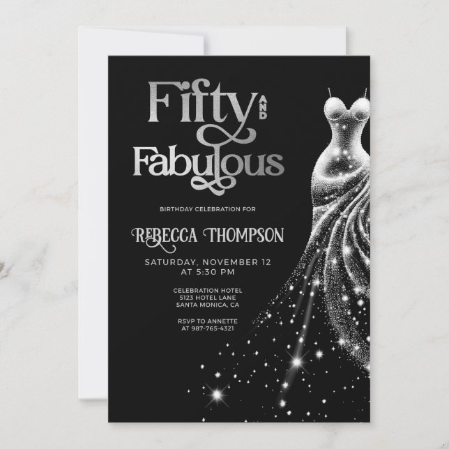 Fifty Fabulous Silver Dress Black 50th Birthday Invitation (Front)