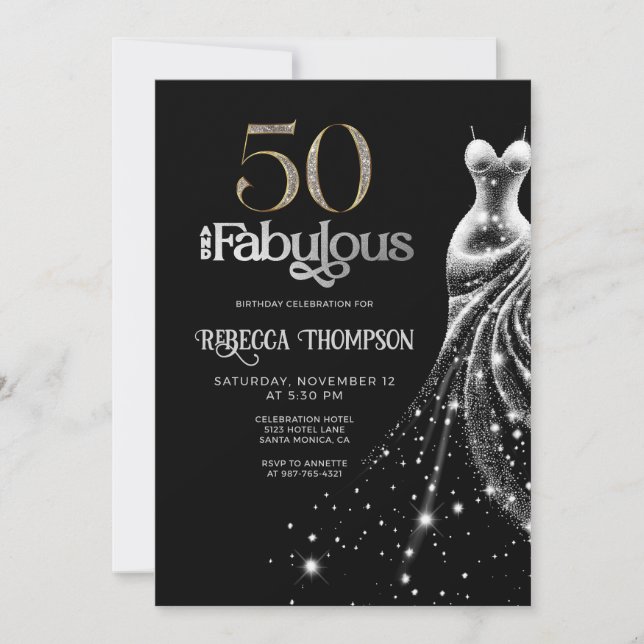 Fifty Fabulous Silver Dress Black 50th Birthday Invitation (Front)