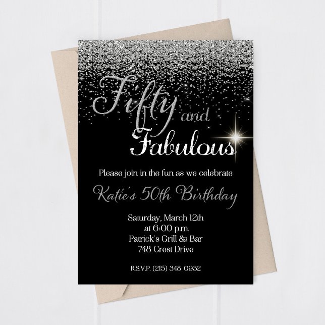 Fifty Fabulous Silver Glitter Birthday Invitation (Creator Uploaded)