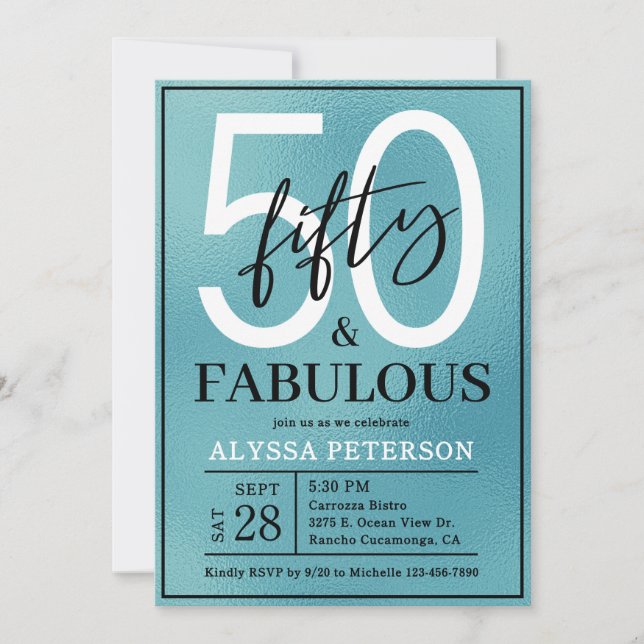 Fifty & Fabulous Teal Script 50th Birthday Invitation (Front)