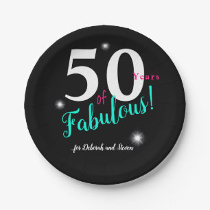 Fifty & Fabulous, white, teal, pink w/ stars Paper Plate