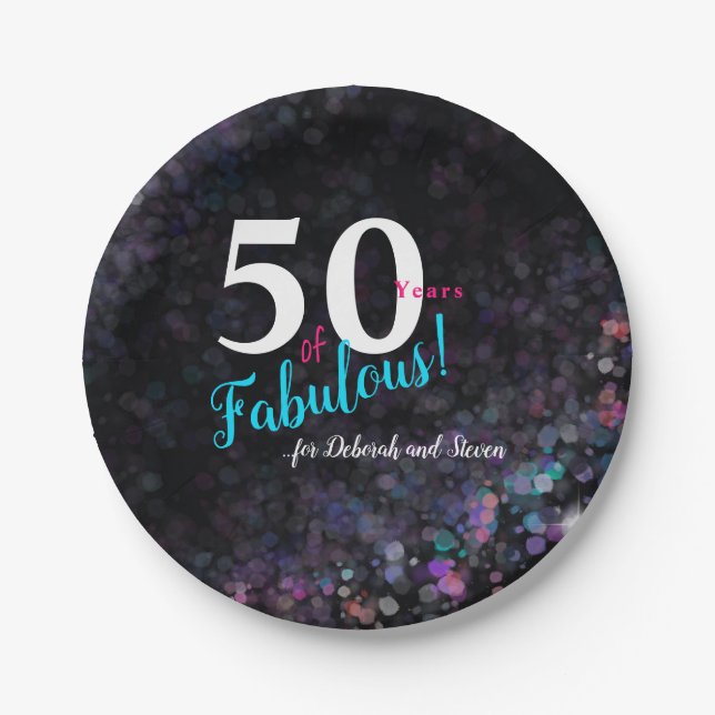Fifty fabulous years pink, silver teal glitter paper plate (Front)