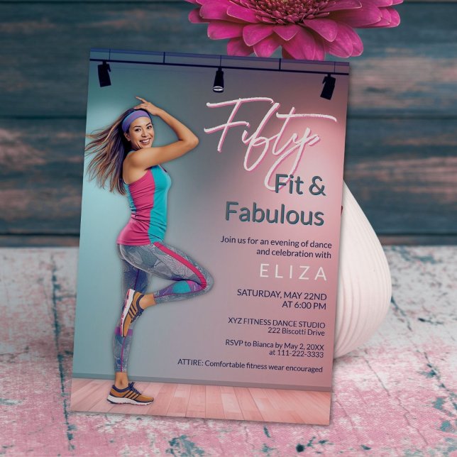 Fifty Fit Fabulous Dance Invitation (Modern Fifty Fit and Fabulous dance-inspired invitation in soft teal and blush tones)