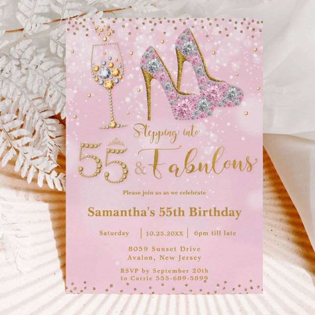 Fifty Five Fabulous High Heels Bubbly 55 Birthday Invitation (sparkly-diamond-glamour-gold-pink-high-heel-platform-pump-stiletto-stepping-into-fifty-five-birthday)