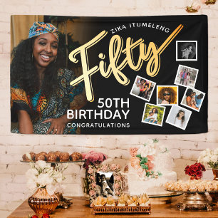 Fifty gold 50th Birthday photos on black Banner