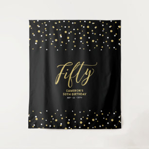 Fifty Gold & Black 50th Birthday Party Backdrop Tapestry