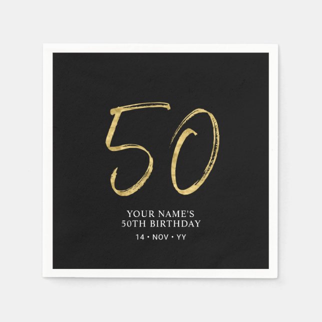 Fifty | Gold & Black Lettering 50th Birthday Party Napkin (Front)