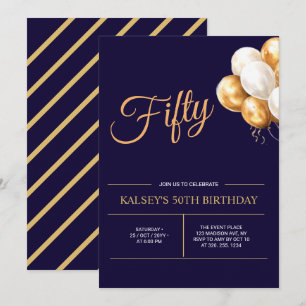 Fifty Gold & Blue Modern 50th Birthday Party Invitation