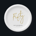 Fifty Gold Lettering 50th birthday Paper Plates<br><div class="desc">This custom paper plate will add stylish detail to the modern gold 50th birthday. This design features simple chic lettering "Fifty" with custom text. Matching invitations and party supplies are available in my shop BaraBomDesign.</div>