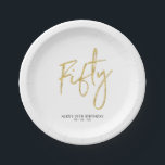 Fifty Gold Lettering 50th birthday Paper Plates<br><div class="desc">This custom paper plate will add stylish detail to the modern gold 50th birthday. This design features simple chic lettering "Fifty" with custom text. Matching invitations and party supplies are available in my shop BaraBomDesign.</div>