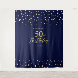 Fifty   Gold & Navy 50th Birthday Party Backdrop Tapestry