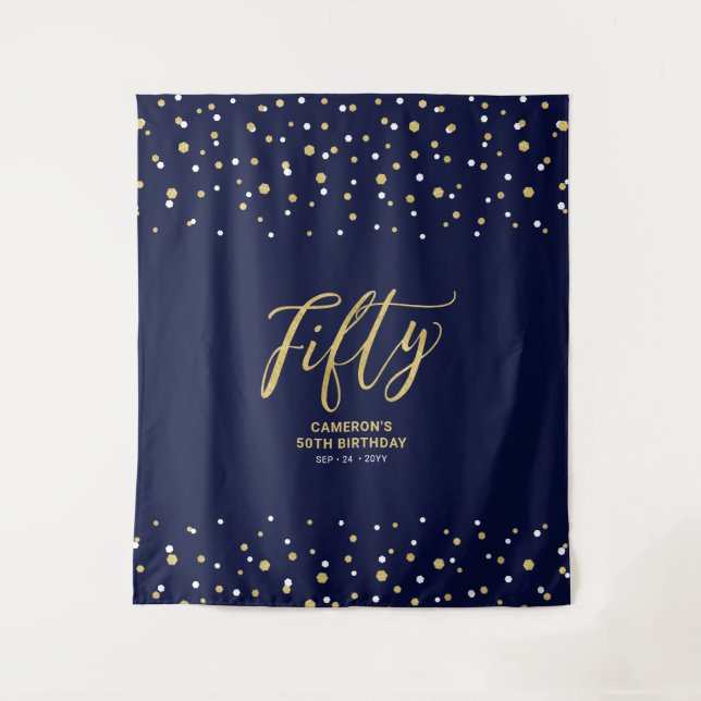 Fifty | Gold & Navy 50th Birthday Party Backdrop Tapestry (Front)
