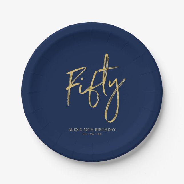 Fifty | Gold & Navy Blue Lettering 50th Birthday Paper Plate (Front)