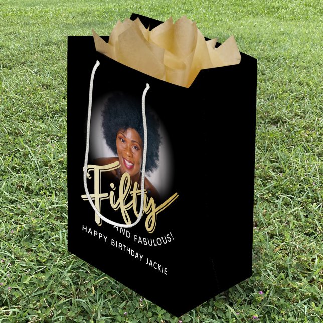 Fifty gold script and custom photo 50th birthday medium gift bag (Creator Uploaded)