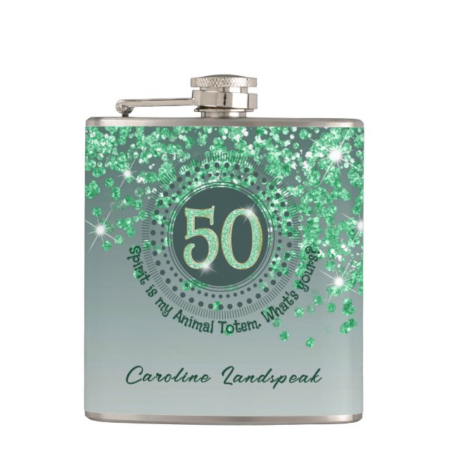 Fifty & Green Glitter & Drinking Quote Hip Flask (Front)