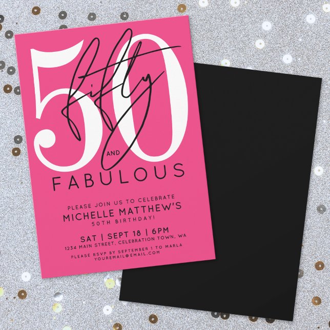 Fifty Hot Pink 50th Birthday Invitation (Fifty Fabulous Hot Pink 50th Birthday Invitation)