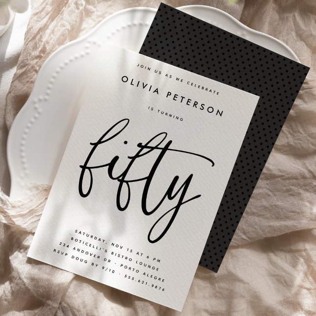 Fifty | Modern B&W 50th Birthday Party Typography Invitation (Creator Uploaded)