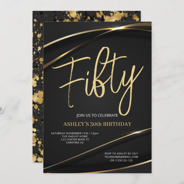 Fifty Modern Gold Black 50th Birthday Invitation (Front/Back)